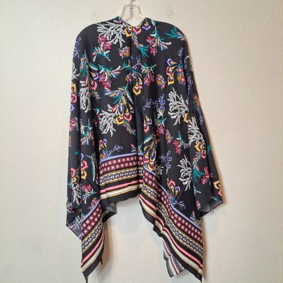Kollie More 100% Viscose Black Floral Shawl Poncho Coverup Lightweight One Size - Picture 7 of 14